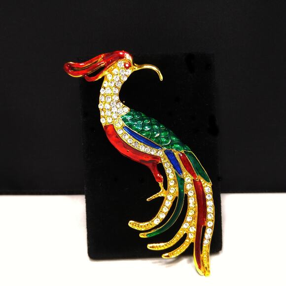 Vintage Large "Bird of Paradise" Brooch, Bright Enamel, Clear Rhinestones, 1990s - Picture 3 of 10